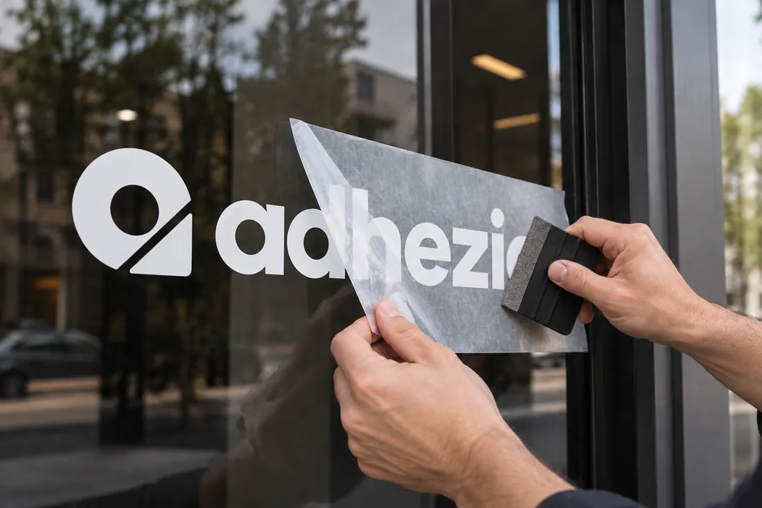 Wizualizacja aplikacji białego logo ADHEZIA z folii na szkle