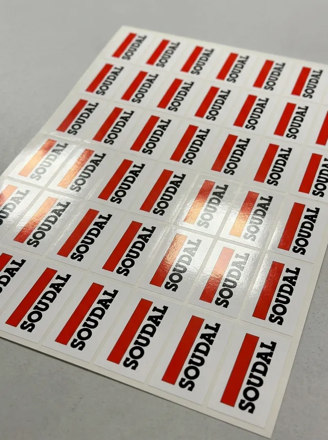 Arkusz białych naklejek z czerwono-czarnym logo Soudal